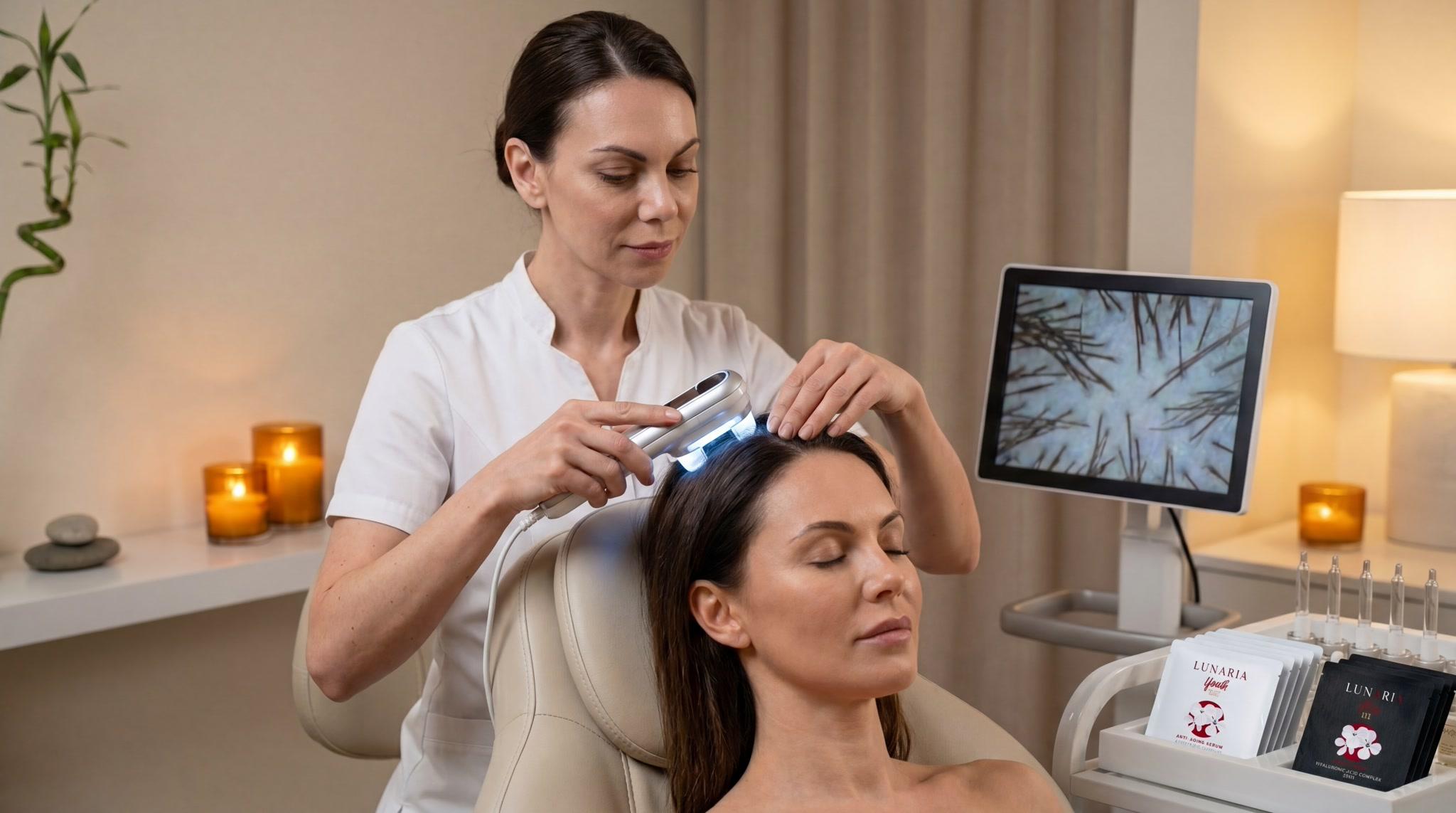 A practitioner performing a Lunaria scalp treatment with a live scalp-analysis monitor
