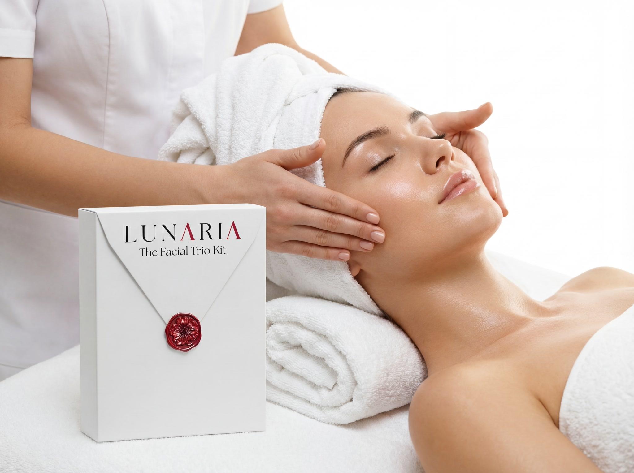 A practitioner performing a Lunaria facial ritual beside the Lunaria Facial Trio Kit
